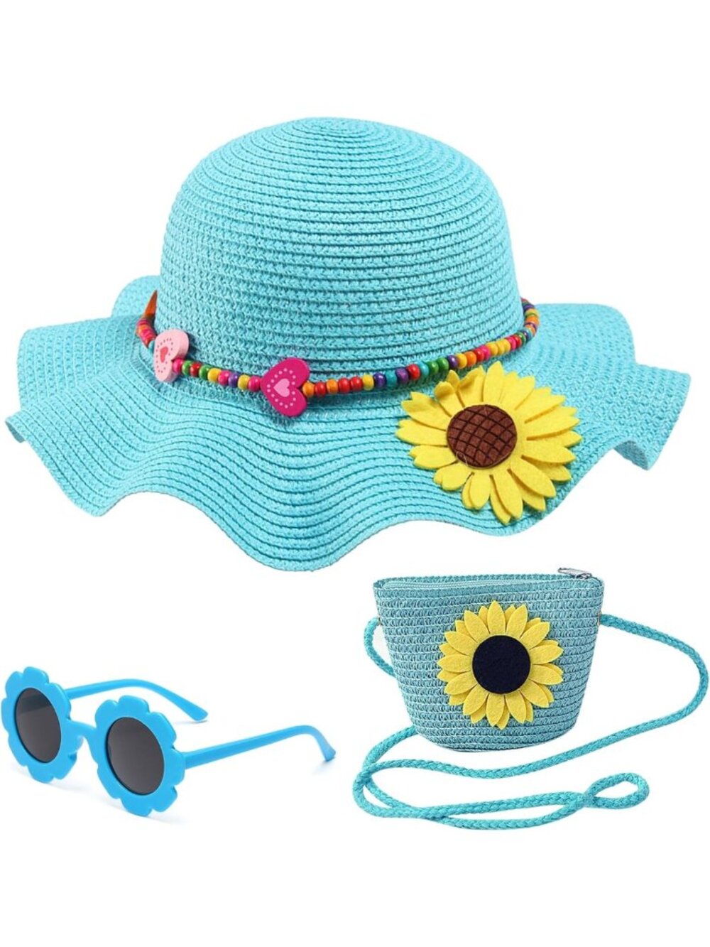 Summer Girls Straw Hat & Bag Set with Sunglasses - Sunflower Wide Brim for Ages